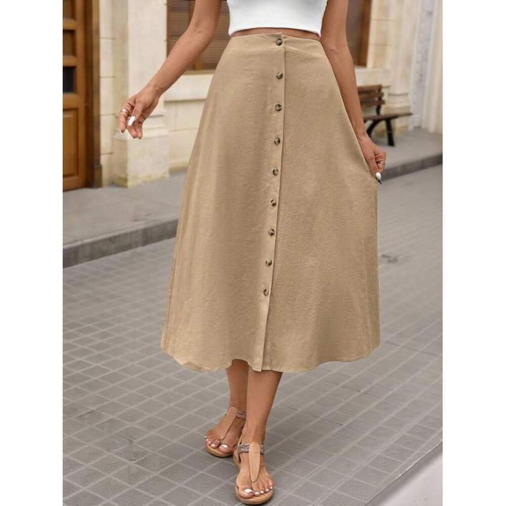 VCAY Solid Color High Waist Single-Breasted A-Line Midi Sk - Picture 5 of 6